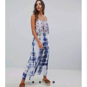 ✅ Raga Catching Waves Tie Dye EMBROIDERED Maxi Dress NAVY/WHITE/RED SIZE SMALL